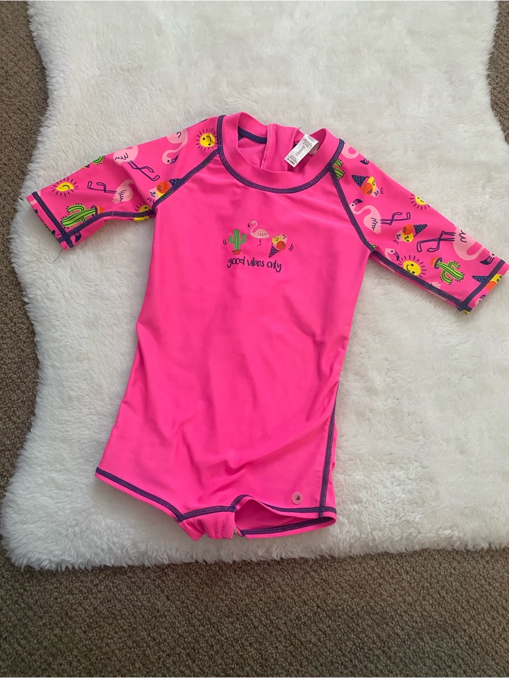 Rip Curl Hot Pink Short-Sleeve Rash Guard Swimsuit with Flamingo Print